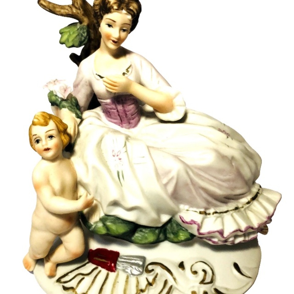Lady and Cupid Porcelain Figurine Victorian Style by F. E. I. Inc. Vintage 1985